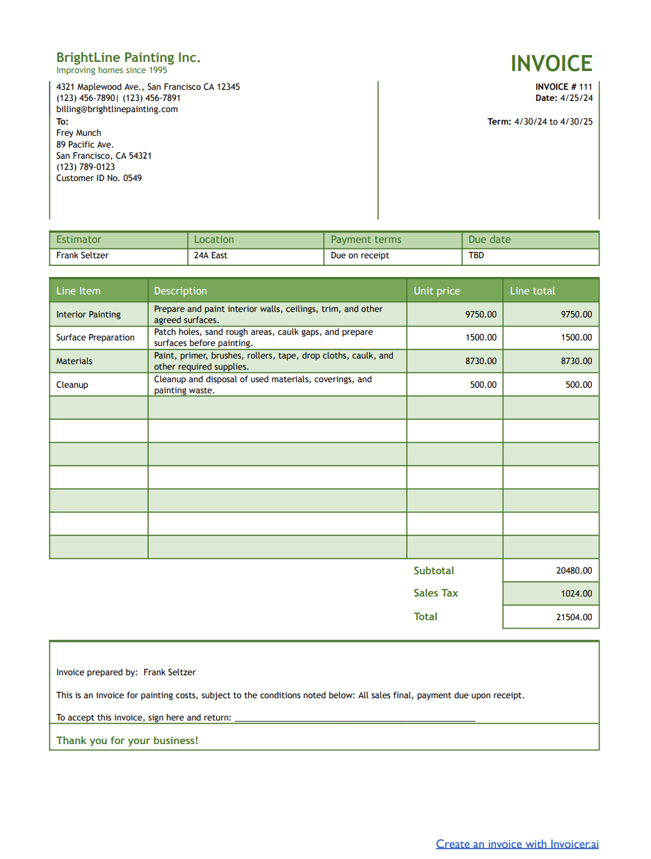 Painting Invoice Template Green