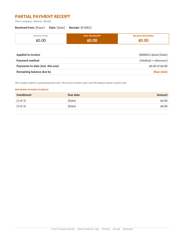 Microsoft Word partial payment receipt template with paid and balance remaining boxes