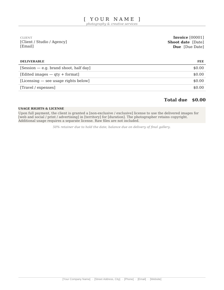 Microsoft Word photography invoice template with serif layout and usage rights licensing block