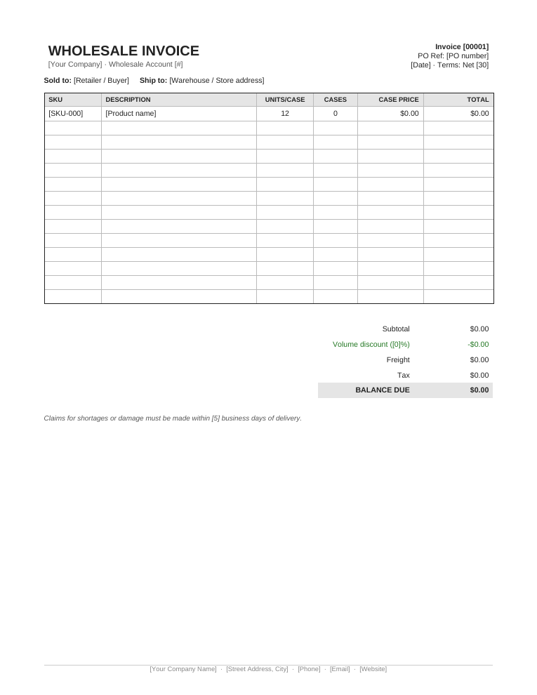 Microsoft Word wholesale invoice template with SKU grid case pricing and volume discount row