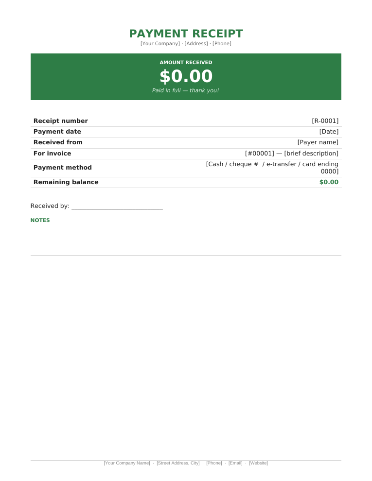 Microsoft Word payment receipt template with green amount received banner