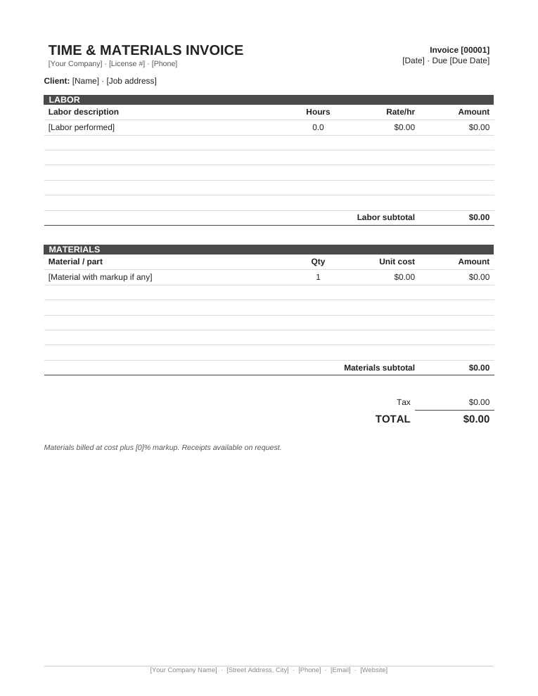 Microsoft Word time and materials invoice template with separate labor and materials sections