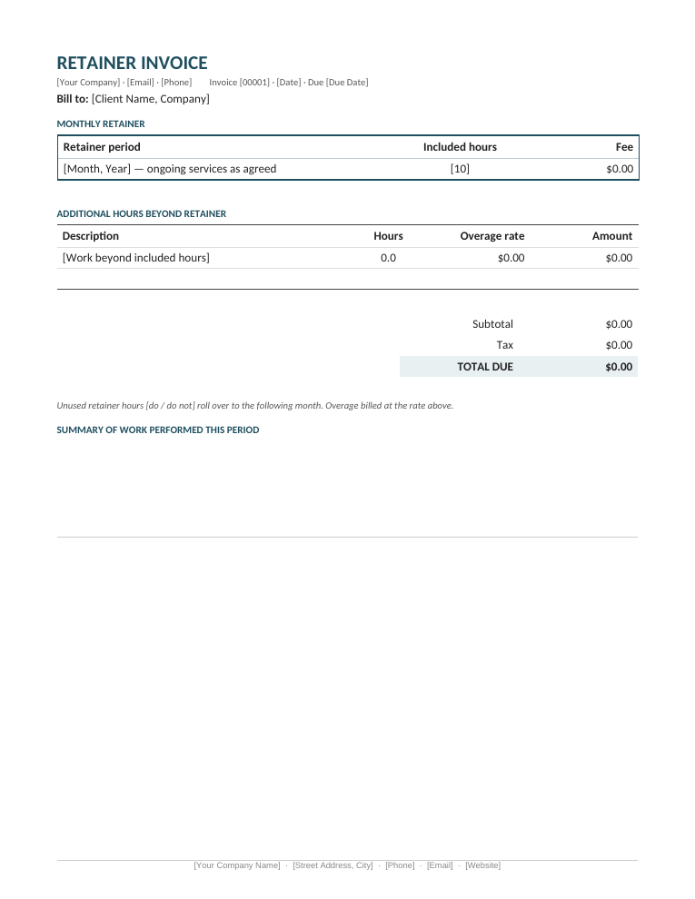 Microsoft Word retainer invoice template with retainer summary box and overage hours table