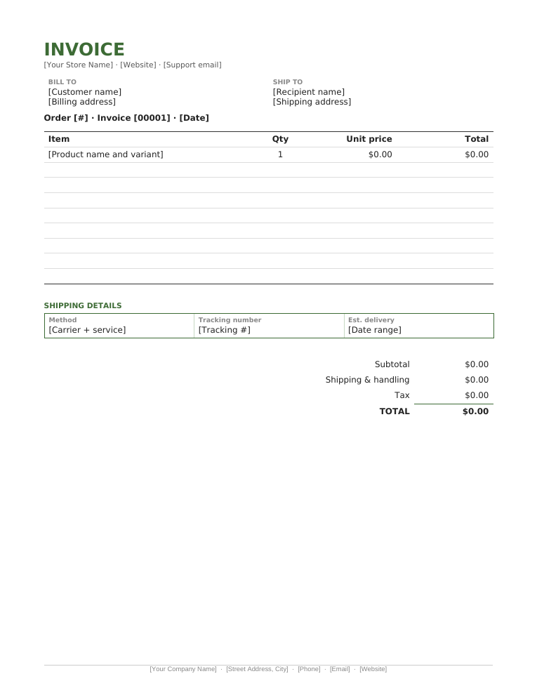 Microsoft Word product and shipping invoice template with tracking number and shipping details section