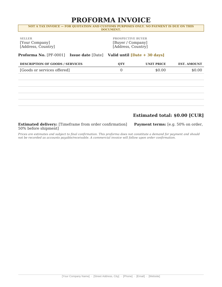Microsoft Word proforma invoice template with not a tax invoice notice and validity date