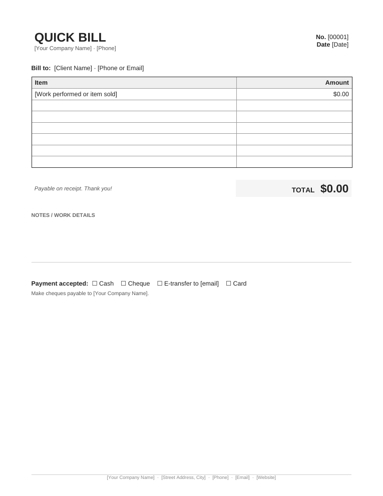 Microsoft Word compact quick bill invoice template with boxed item table and large total
