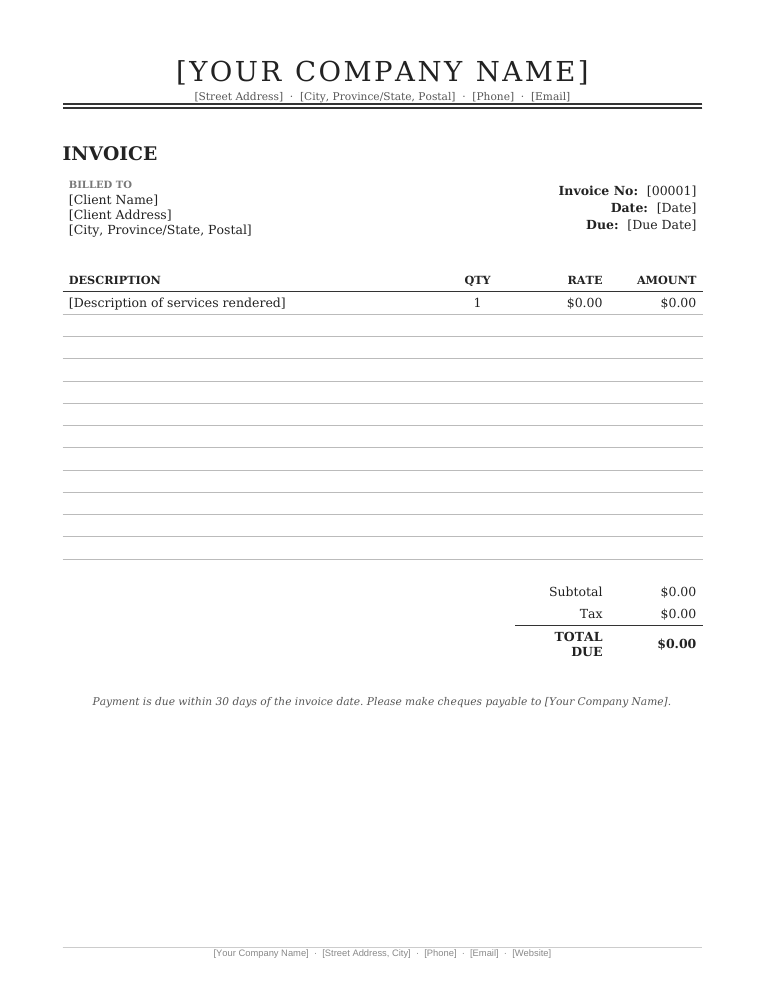 Microsoft Word classic letterhead invoice template with centered serif company header and double rule
