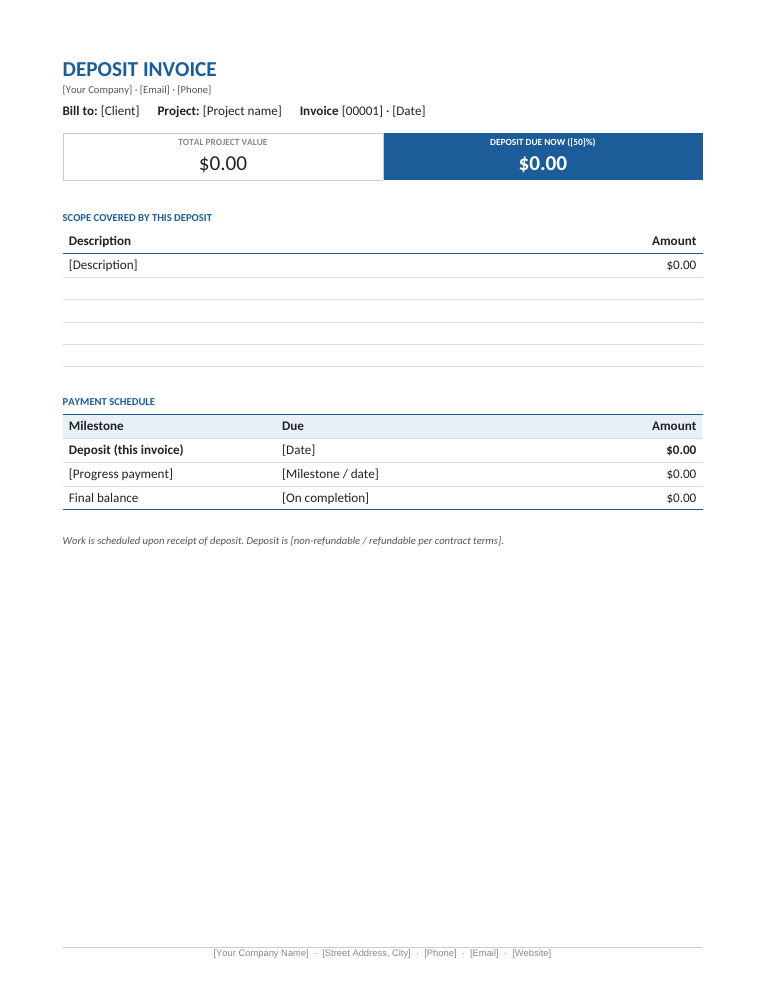 Microsoft Word deposit invoice template with highlighted deposit box and payment schedule