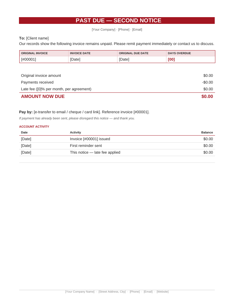 Microsoft Word past due notice template with red banner and overdue invoice reference grid
