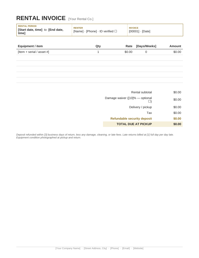 Microsoft Word rental invoice template with rental period box and security deposit line