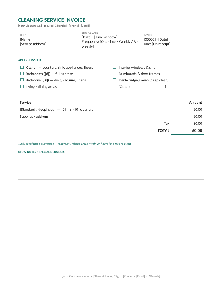 Microsoft Word cleaning service invoice template with areas serviced checklist