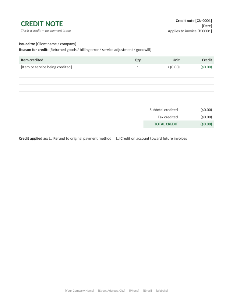Microsoft Word credit note template with credited items table and refund options