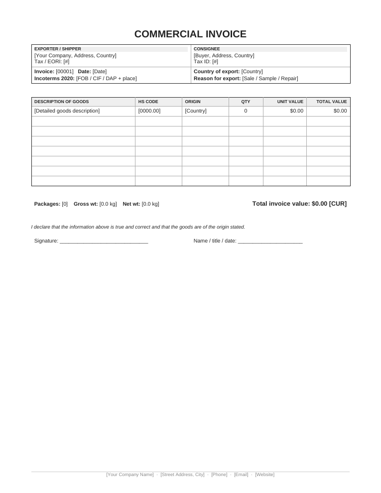 Microsoft Word commercial export invoice template with HS code customs grid and declaration