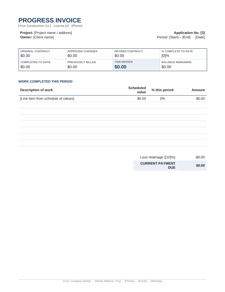 Microsoft Word contractor progress invoice template with contract summary grid and retainage line