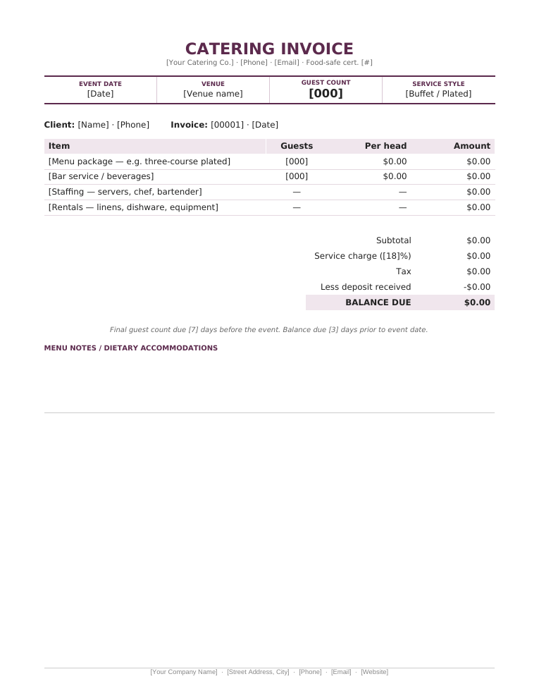 Microsoft Word catering invoice template with event details banner and per-head pricing