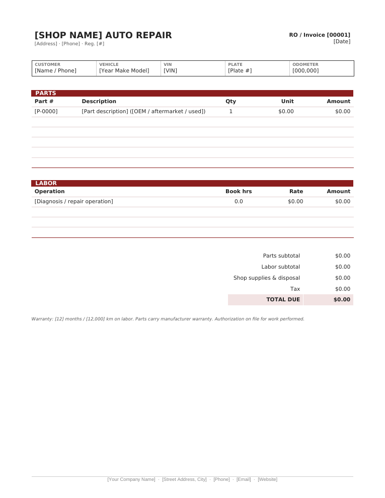 Microsoft Word auto repair invoice template with vehicle details strip and parts and labor sections