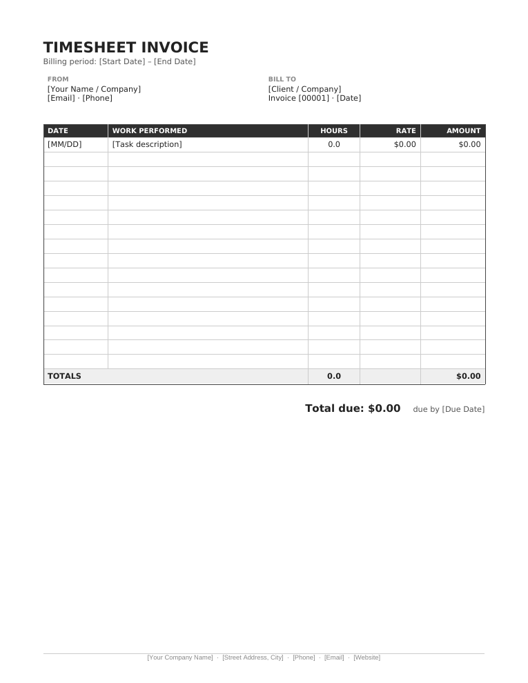 Microsoft Word timesheet invoice template with dated hour log rows and dark header band