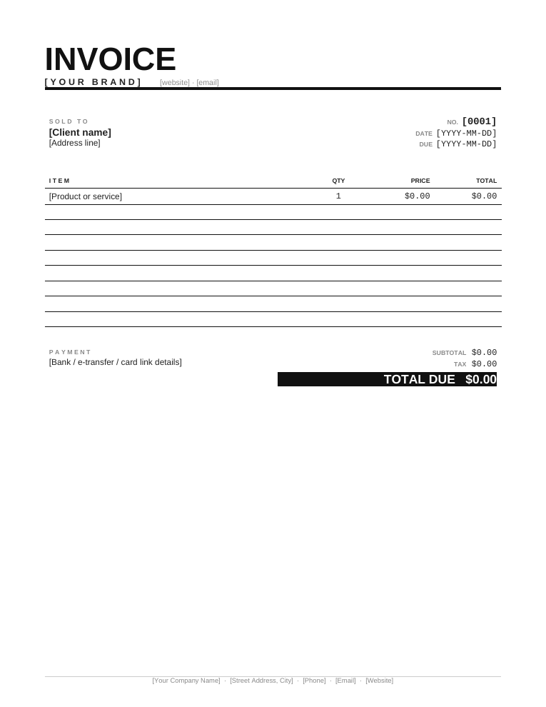 Microsoft Word modern sales invoice template with oversized title heavy black rules and monospace numbers