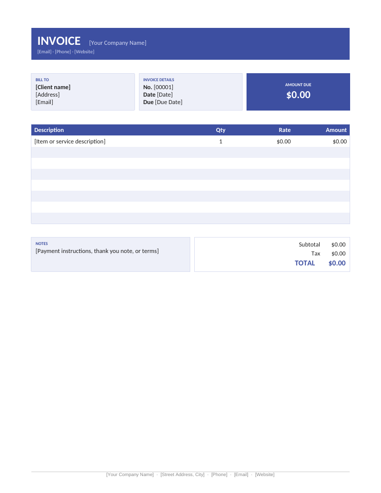 Microsoft Word card style invoice template with indigo header band and card block layout