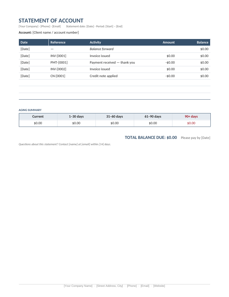 Microsoft Word statement of account template with activity ledger and aging summary