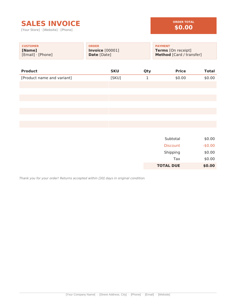 Microsoft Word product card invoice template with coral info cards and striped product rows