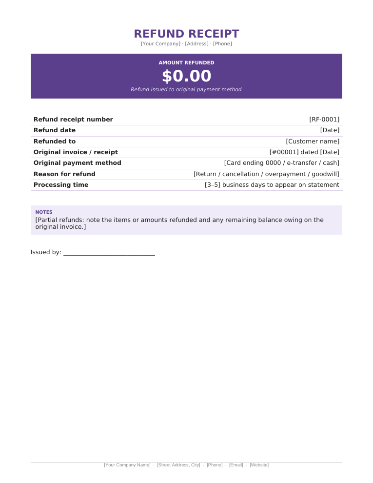 Microsoft Word refund receipt template with purple amount refunded banner
