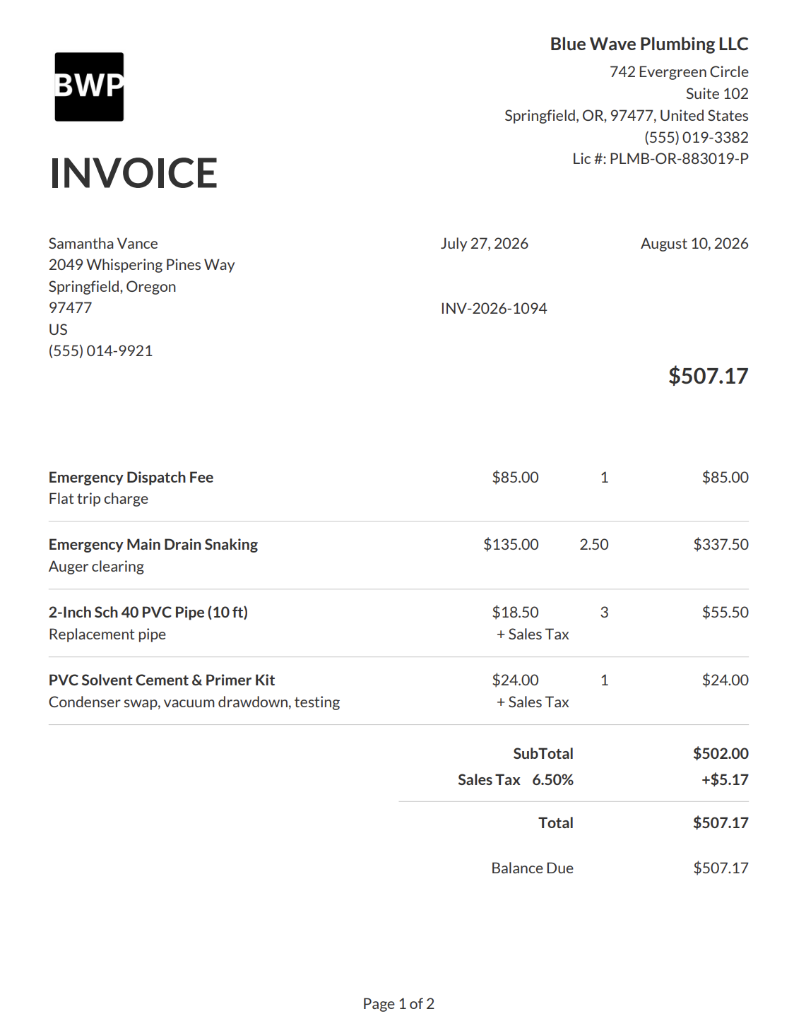 Plumbing Invoice Template