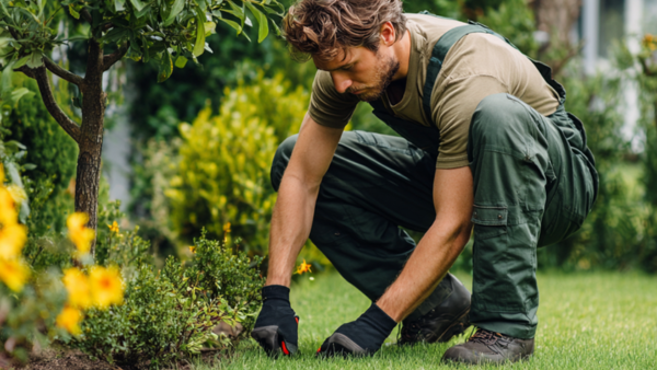 Landscaper planting shrubs in a garden bed