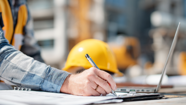 Contractor writing notes beside a hard hat on a job site