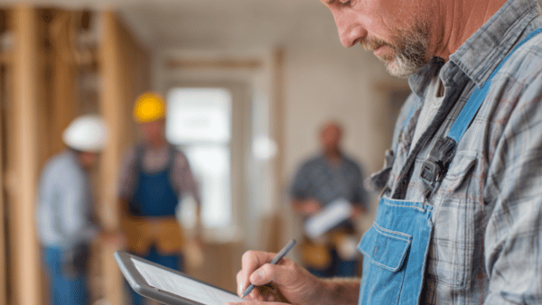 Renovation contractor reviewing plans on a clipboard indoors
