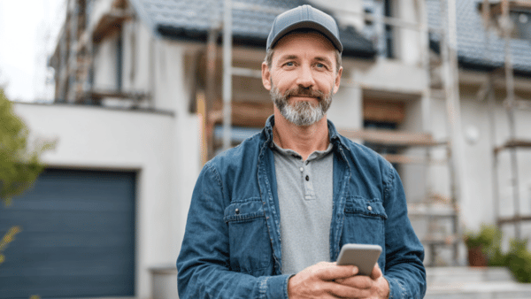 Roofing contractor holding a phone in front of a house