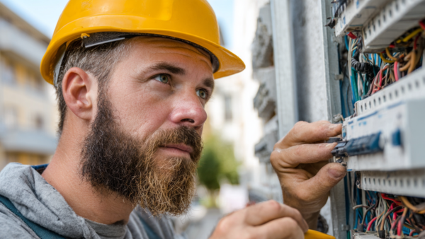 Electrician in a hard hat working on a breaker panel