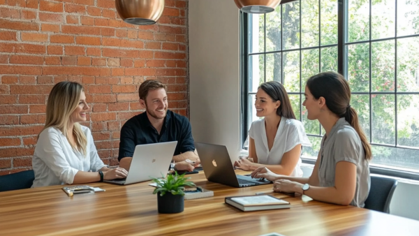 Team meeting around a table with laptops in an office