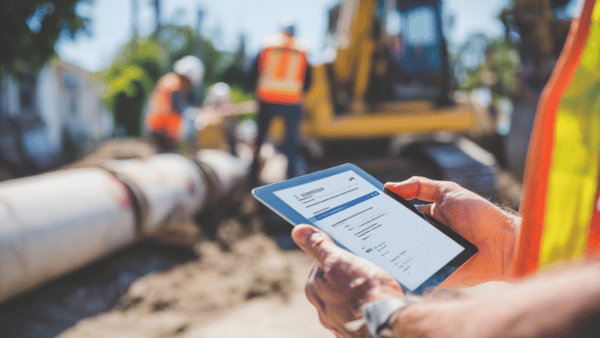 Plumber holding a tablet at an excavation site
