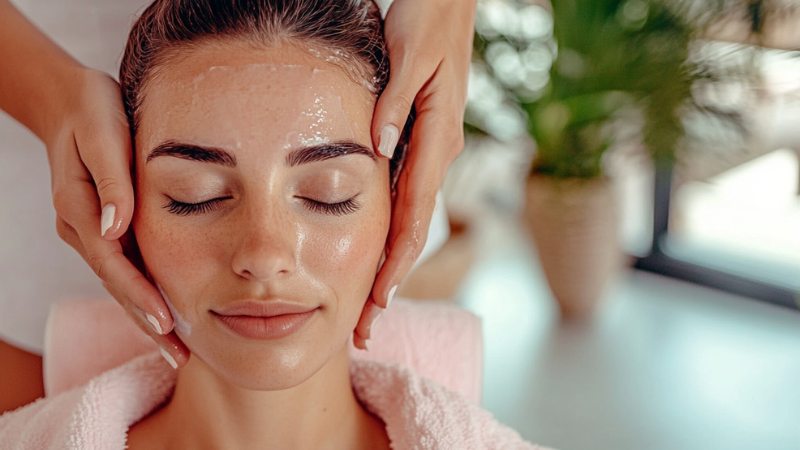 Client receiving a facial treatment at a clinic