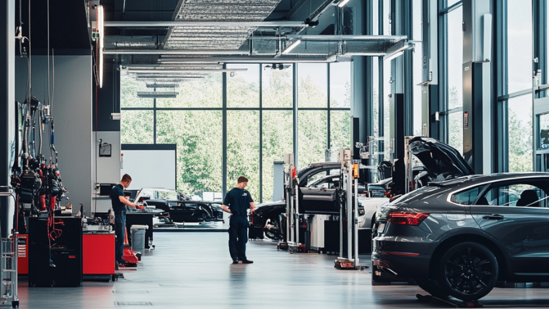 Technicians working on vehicles in a service garage