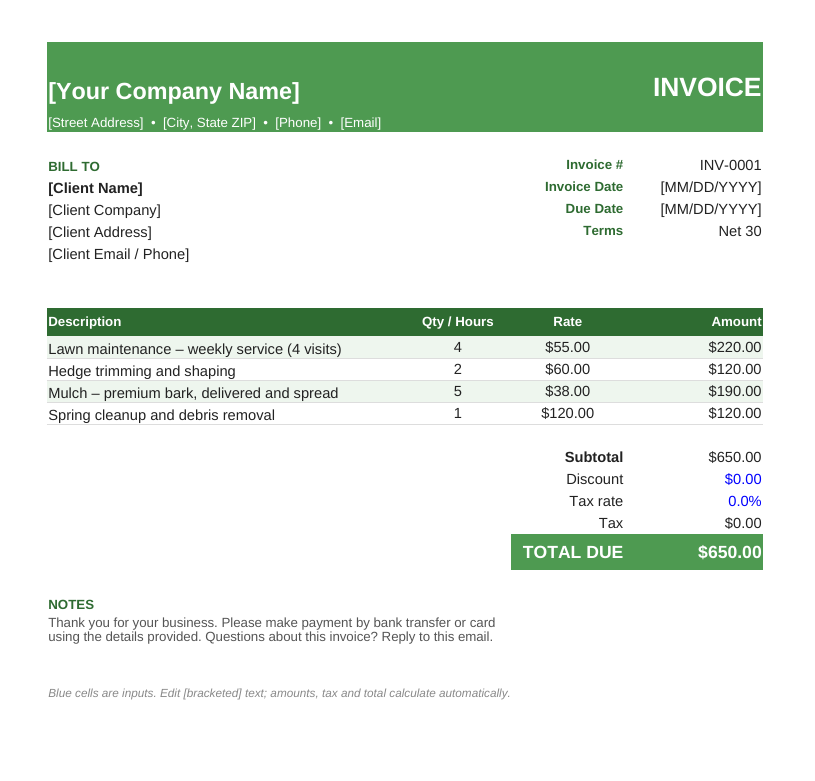 Google Sheets Light Green Invoice Template