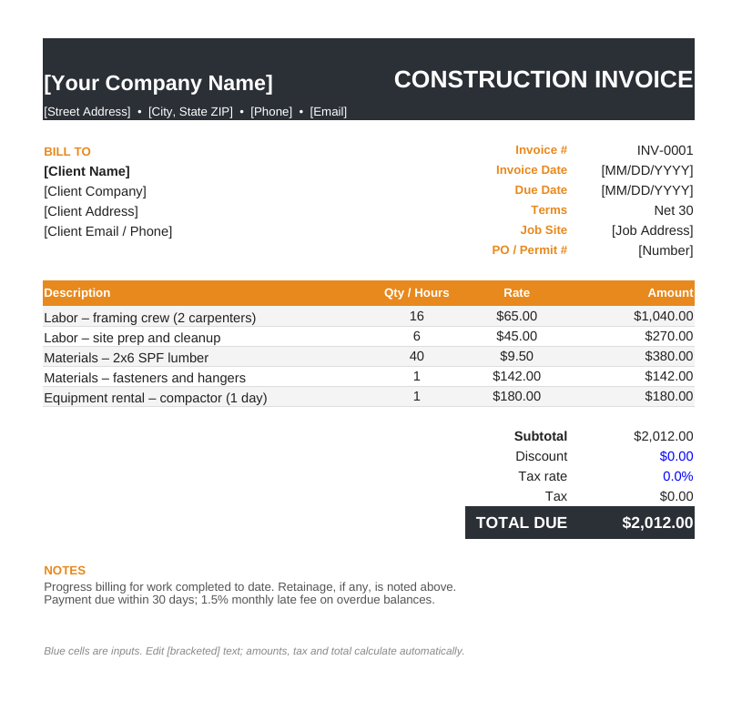 Google Sheets Construction Design Invoice Template