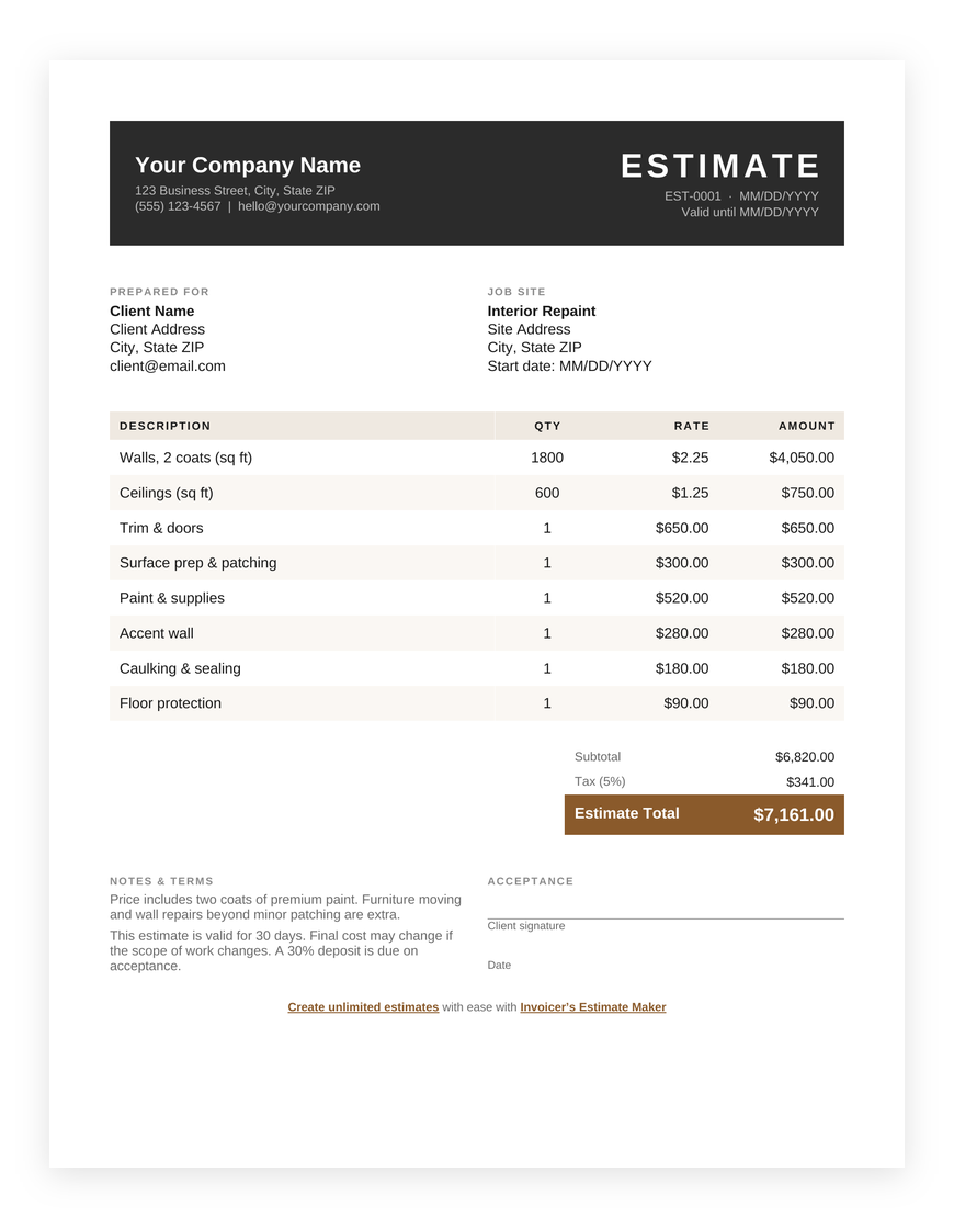 Free painting estimate template