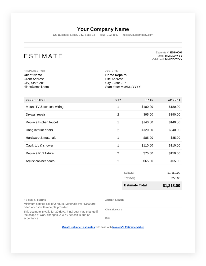 Free handyman estimate template