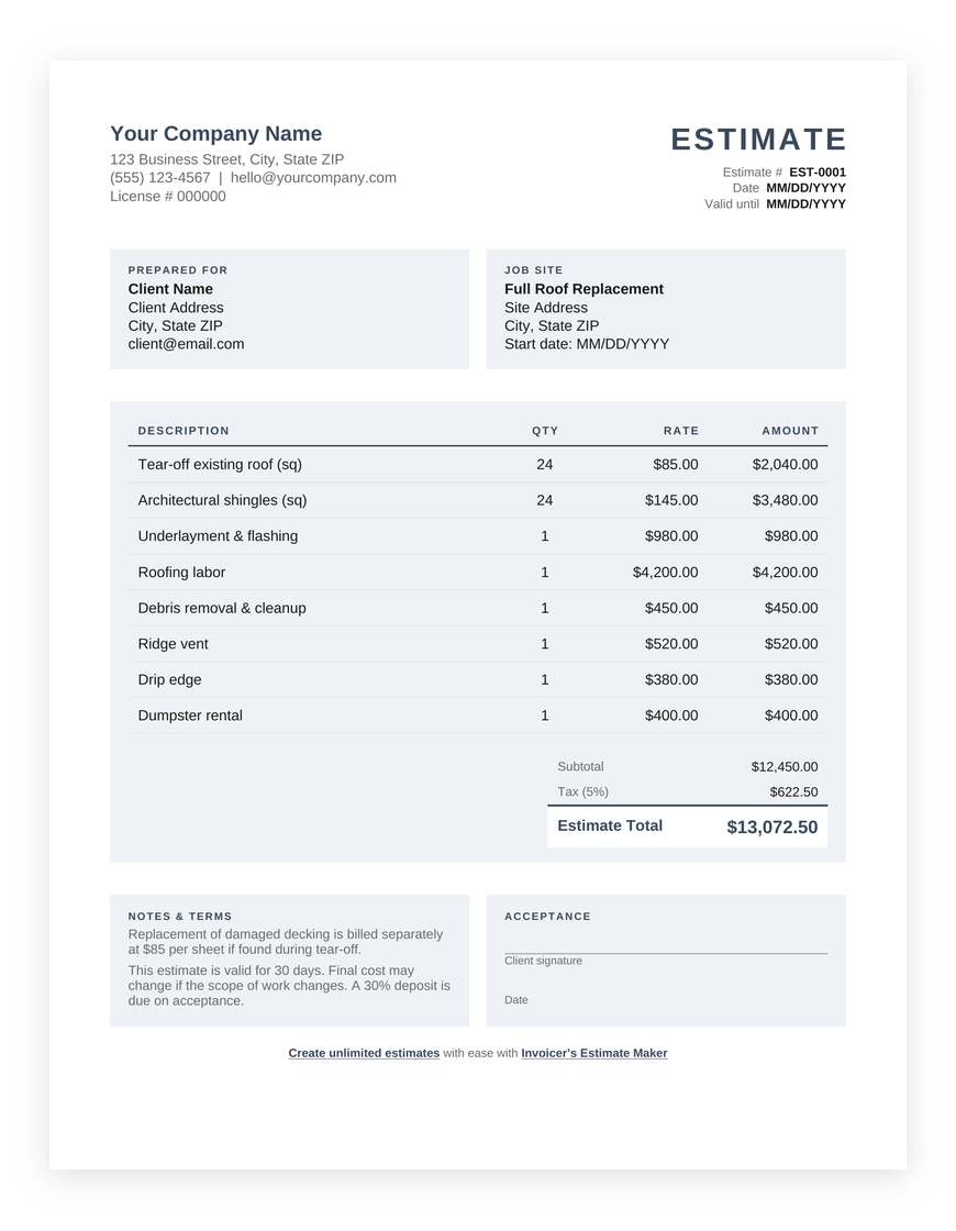 Free Roofing estimate template