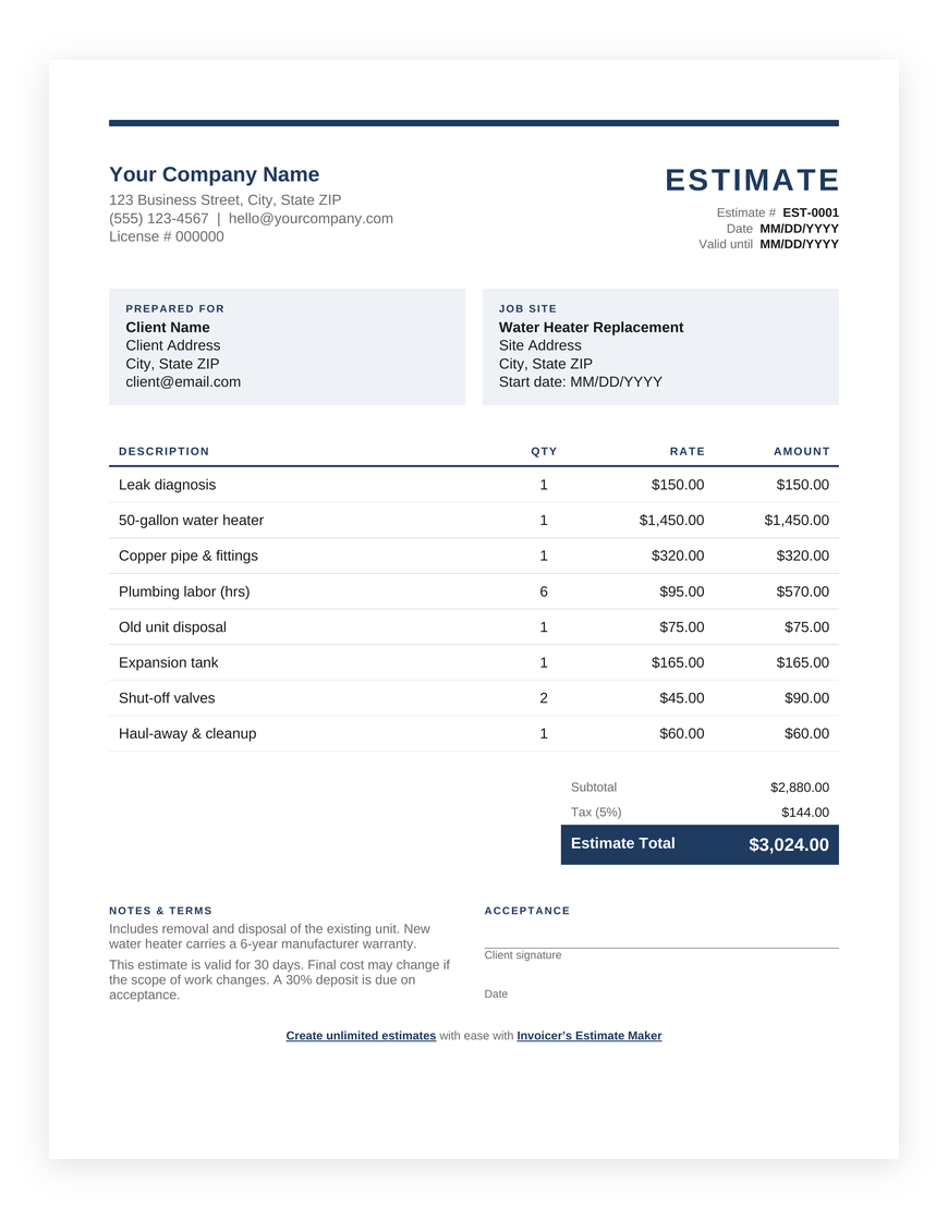 Free plumbing estimate template