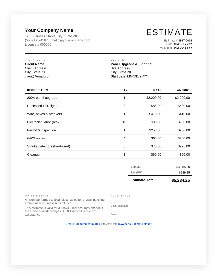Free electrical estimate template