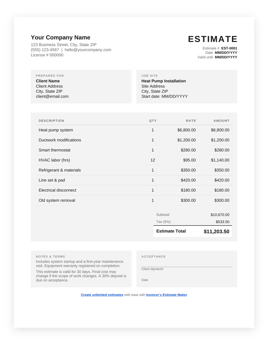 Free hvac estimate template