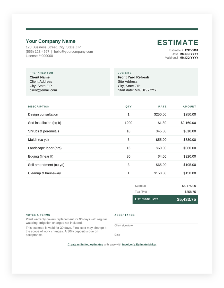 Free landscaping estimate template