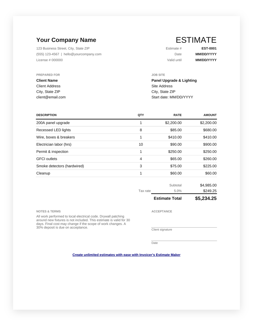 Electrical estimate template for Google Sheets