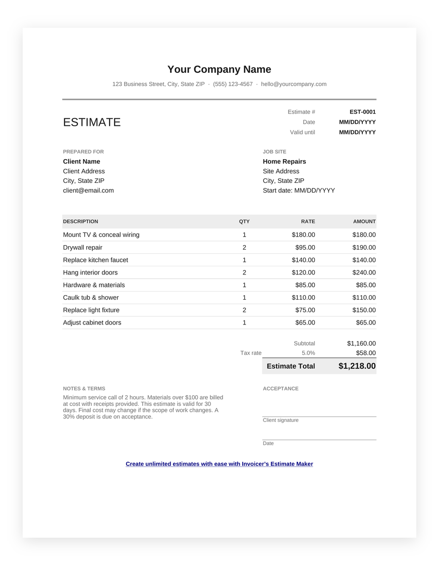 Handyman estimate template for Google Sheets