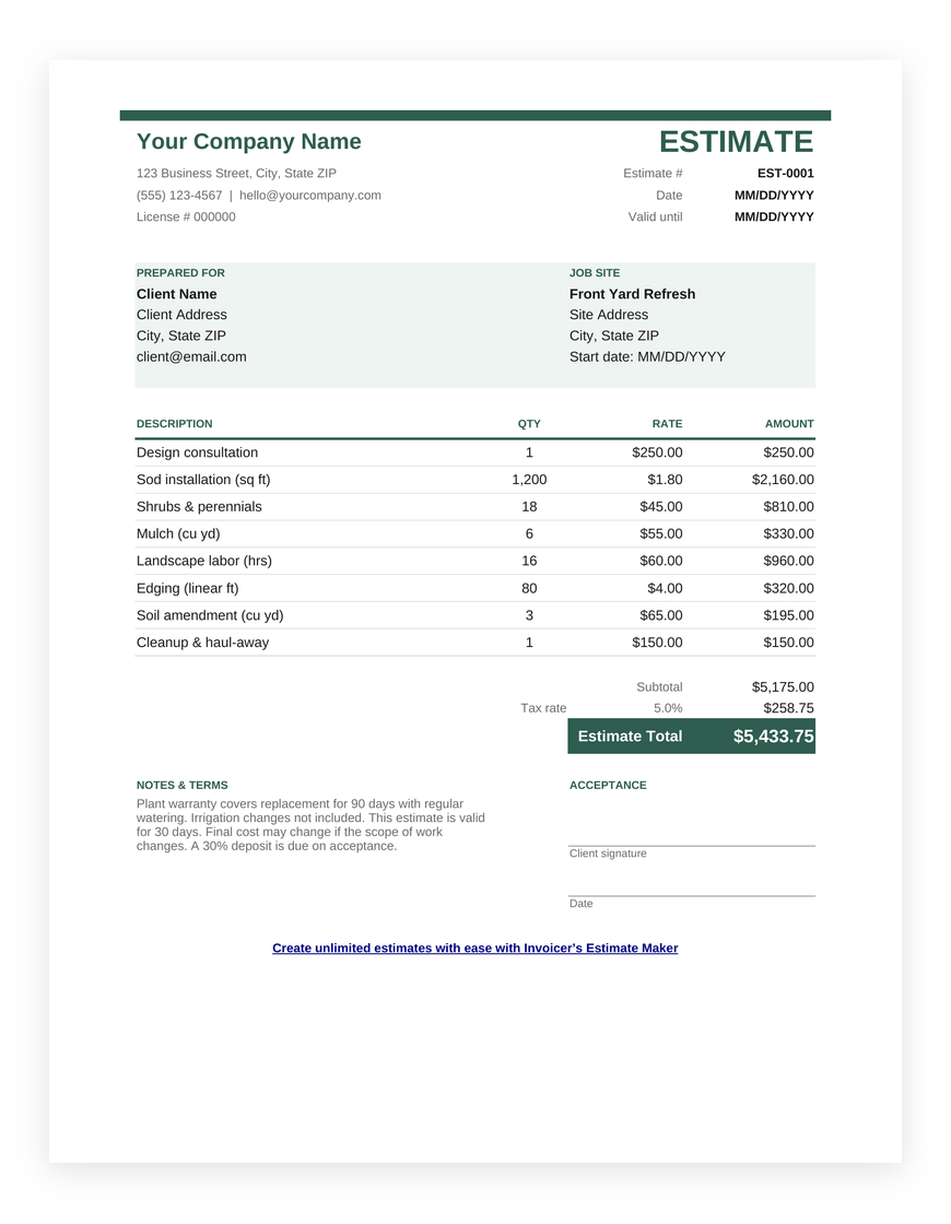 Landscaping estimate template for Google Sheets