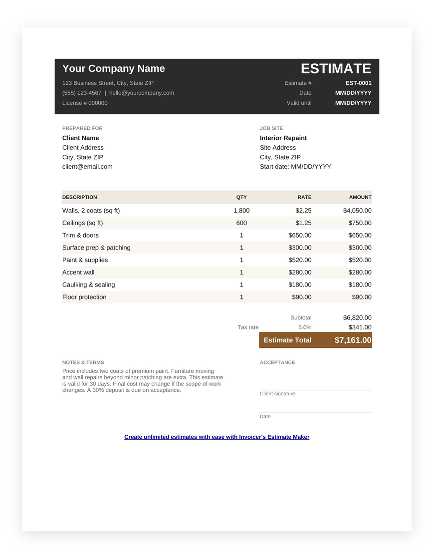Painting estimate template for Google Sheets