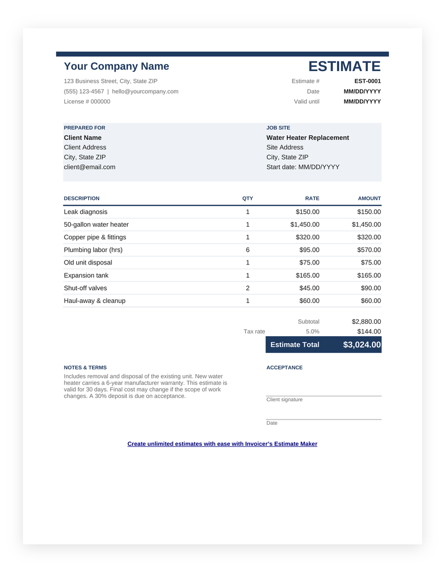 Plumbing estimate template for Google Sheets